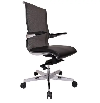 Silla Ejecutiva Trinity Respaldo Alto Silla ejecutiva de respaldo alto en malla poliéster y asiento de piel, con marco y brazos de aluminio. Incluye mecanismo reclinable multiposición con bloqueo, sistema de elevación con pistón neumático y base de aluminio pulido de cinco puntas con rodajas duales para piso duro y alfombra.